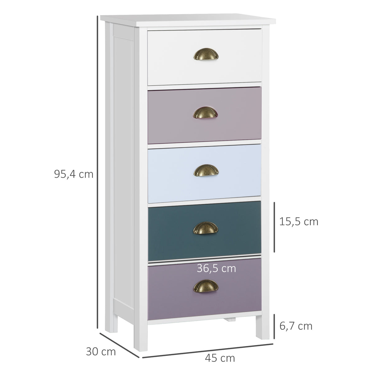 Kommode Aufbewahrungsschrank mit 5 bunten Schubladen und Muschelgriffen aus Metall, MDF – Maße 45L x 30B x 95,4H cm