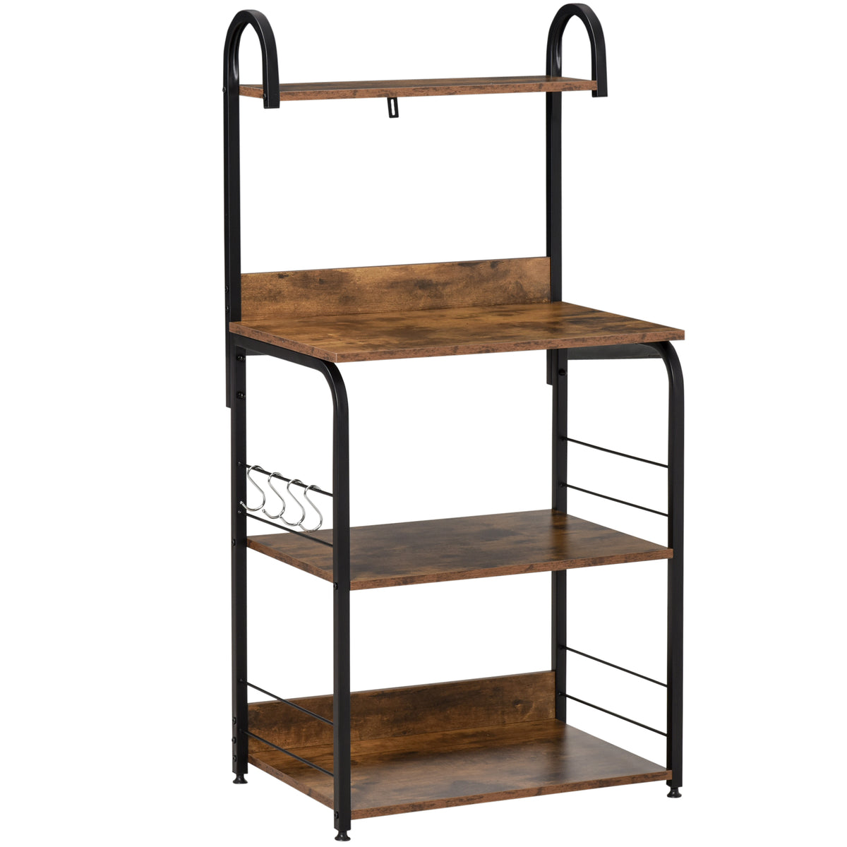 Küchenregal, Mikrowellenregal 3 Ablagen Haken Stahlrahmen 60 x 40 x 125 cm Mahagoni-Holzoptik