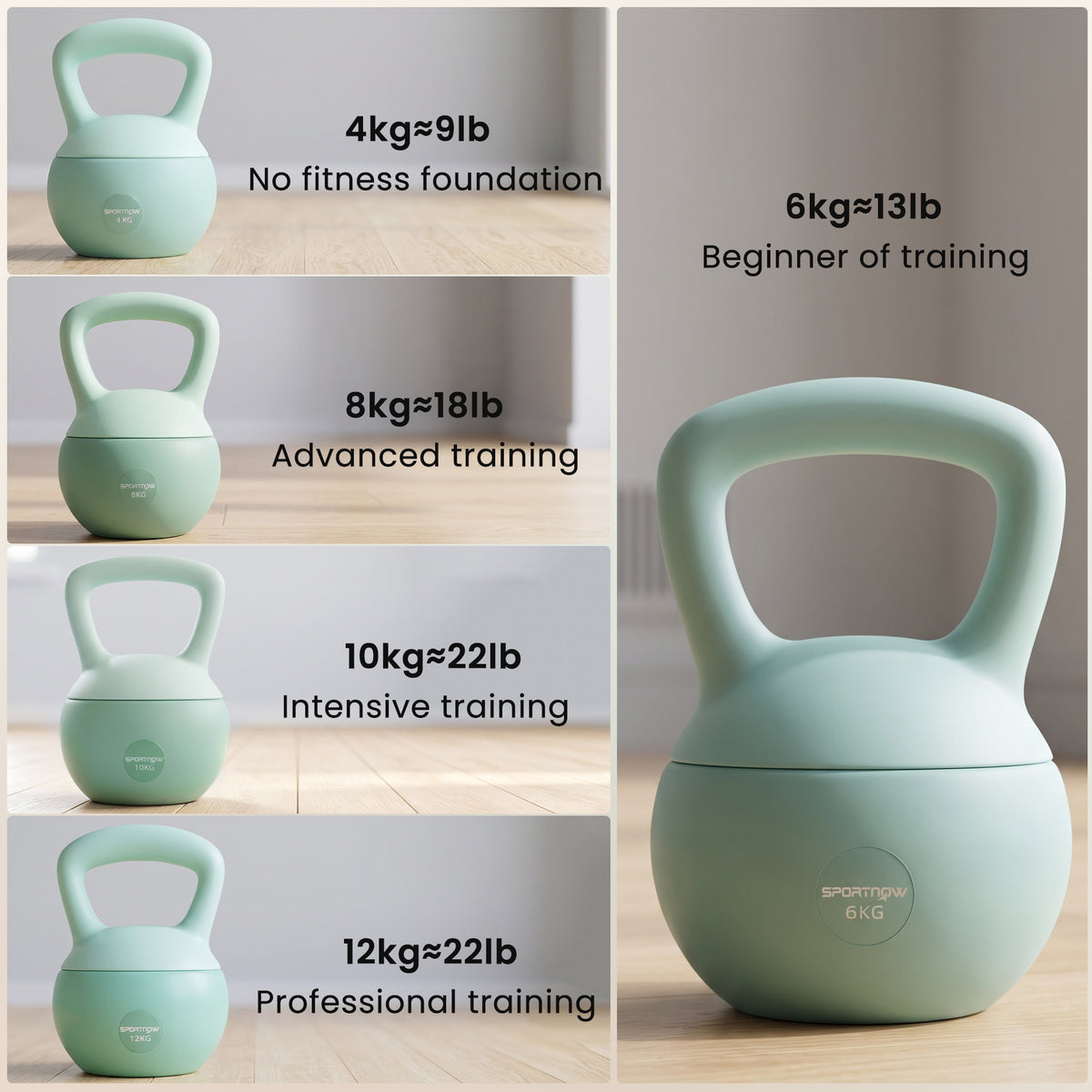 Kettlebell 6 kg haltère avec poignée antidérapante pour fitness musculation cardio, 19 x 19 x 28 cm vert