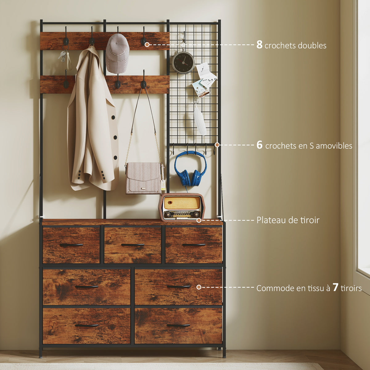 Garderobenständer 4-in-1, Garderobe mit 7 Stoffschubladen und 14 Haken, 100 x 30 x 183 cm, rustikales Braun