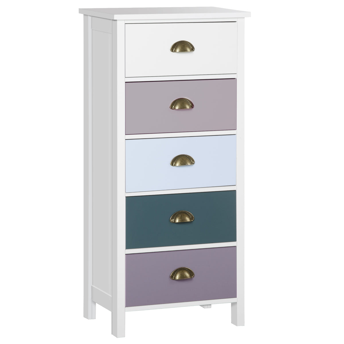 Kommode Aufbewahrungsschrank mit 5 bunten Schubladen und Muschelgriffen aus Metall, MDF – Maße 45L x 30B x 95,4H cm