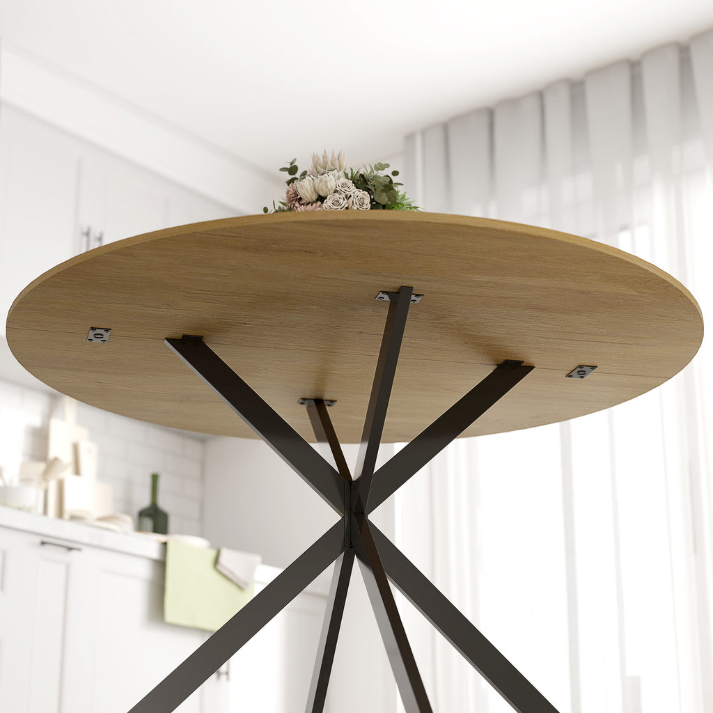 Runder Esstisch für 4 Personen 100 cm, Industrial-Stil mit Holzoptik-Platte, gekreuztes Stahlgestell Eiche