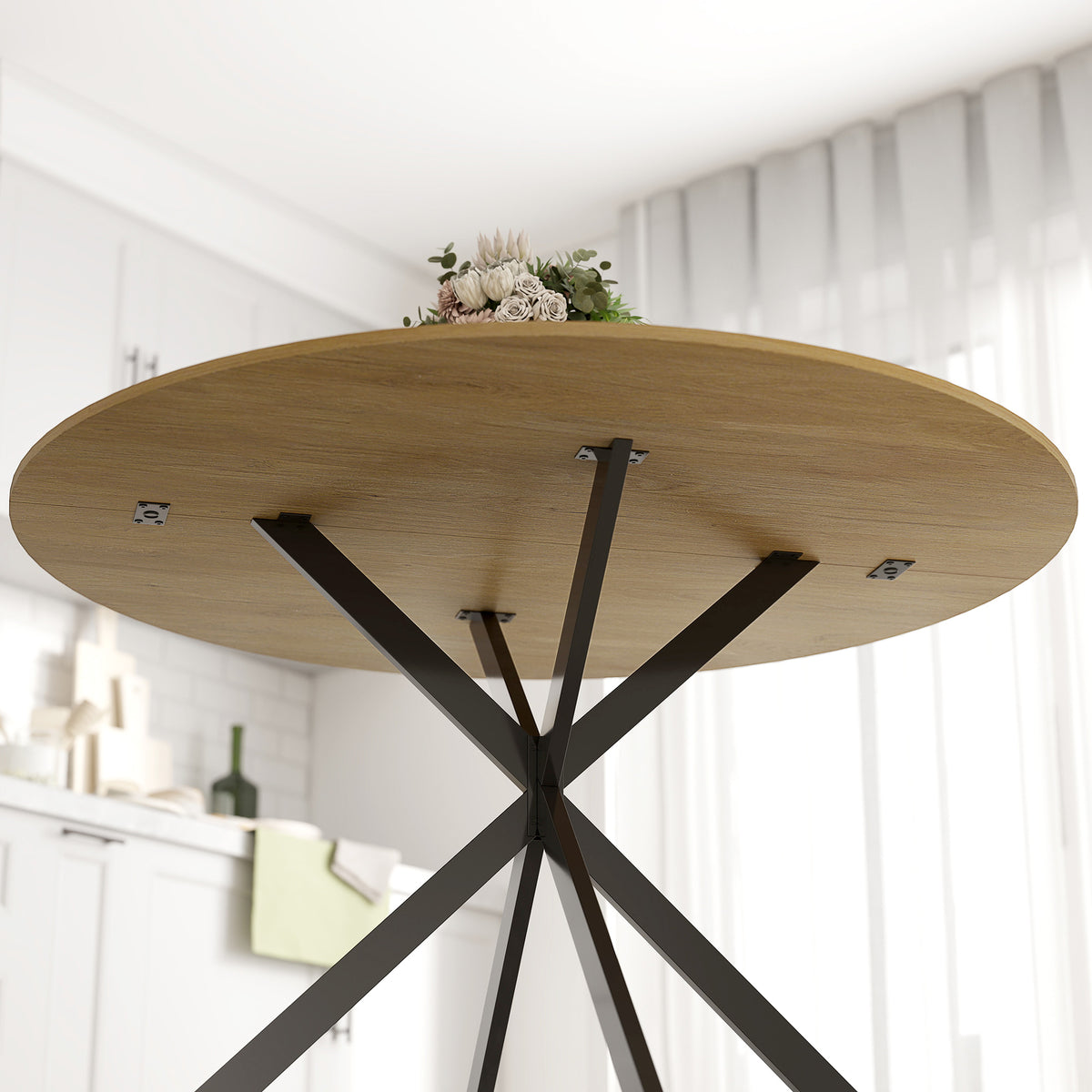 Runder Esstisch für 4 Personen 100 cm, Industrial-Stil mit Holzoptik-Platte, gekreuztes Stahlgestell Eiche