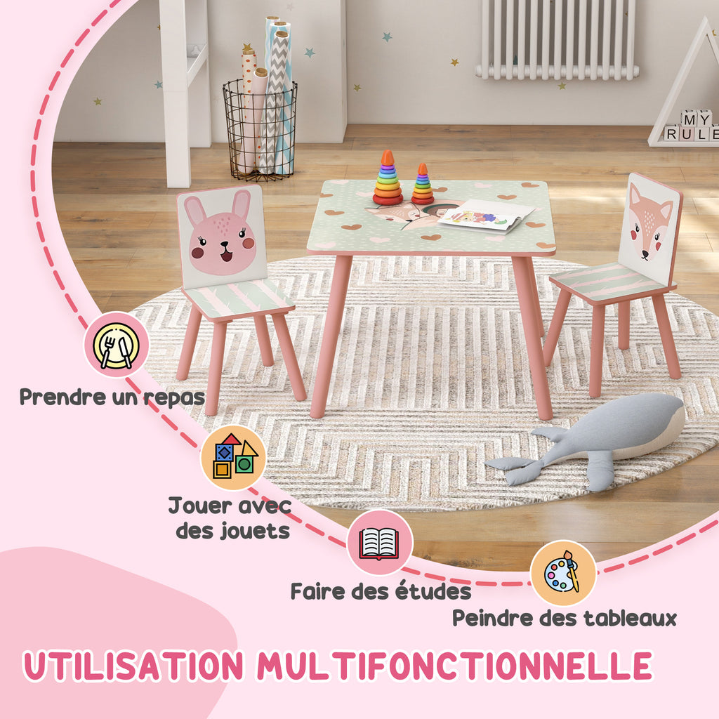 Kinder-Tisch- und Stuhl-Set, Kindertisch mit 2 Stühlen, Tiermotiv für Kinderzimmer, Rosa