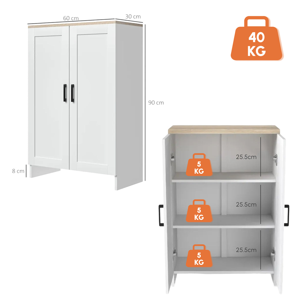 Küchenbuffet mit Schranktüren und verstellbaren Einlegeböden, 60 x 30 x 90 cm, Weiß