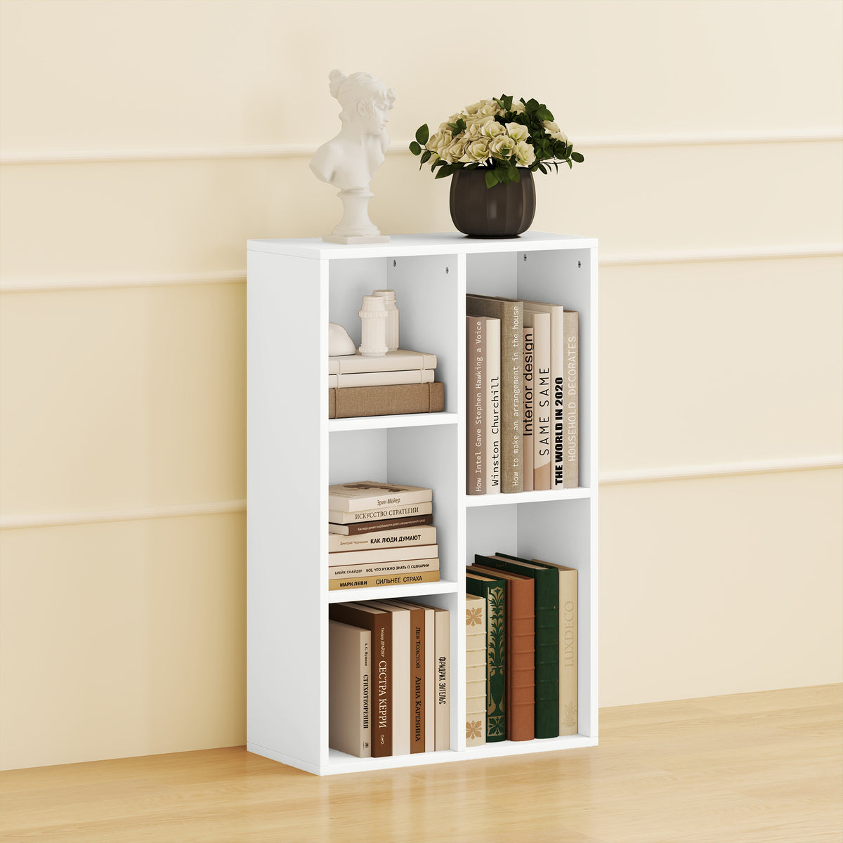 Bibliothèque étagère de rangement avec 5 compartiments, pour salon chambre à coucher bureau, 50x24x80cm, blanc