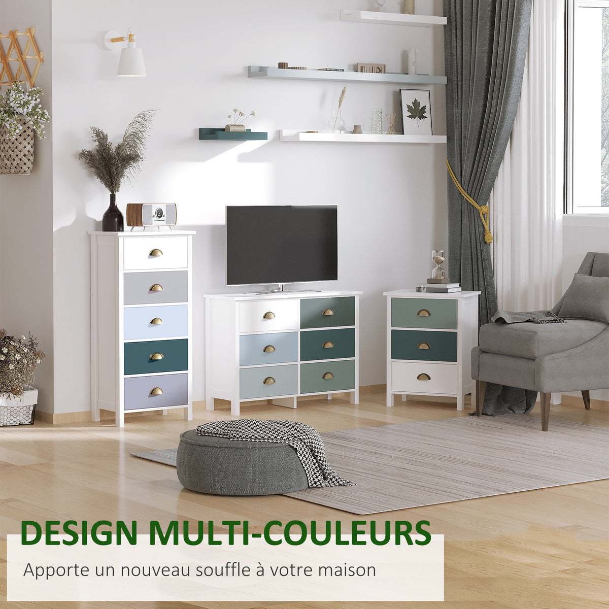 Kommode Aufbewahrungsschrank mit 5 bunten Schubladen und Muschelgriffen aus Metall, MDF – Maße 45L x 30B x 95,4H cm