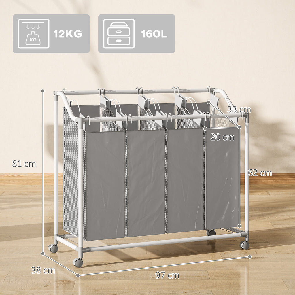 Wäschewagen, mobiler Wäschesammler, Wäschekorb auf Rollen mit 4 herausnehmbaren Säcken, 4 x 40L, 97 x 38 x 81 cm, Grau