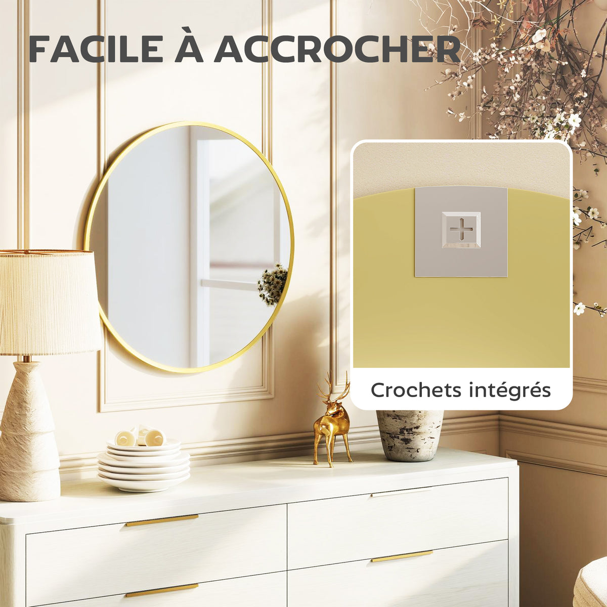 Miroir mural rond Ø 61 cm, cadre en alliage d'aluminium, pour salle de bain, chambre, salon, couloir, doré