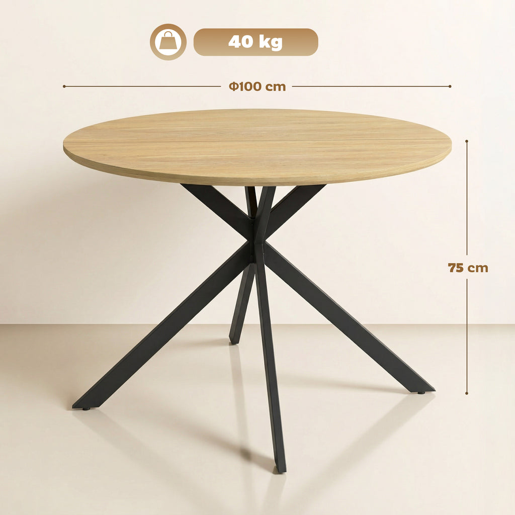 Runder Esstisch für 4 Personen 100 cm, Industrial-Stil mit Holzoptik-Platte, gekreuztes Stahlgestell Eiche
