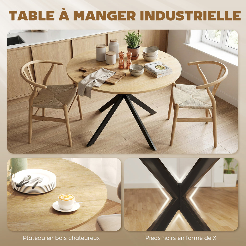 Runder Esstisch für 4 Personen 100 cm, Industrial-Stil mit Holzoptik-Platte, gekreuztes Stahlgestell Eiche