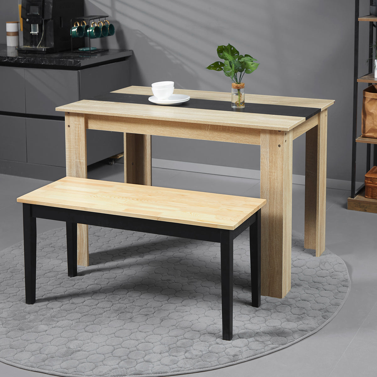 Zweisitzer-Holzbank, zweifarbig, natürliche Sitzfläche und schwarzes Gestell, 102 x 36 x 45 cm