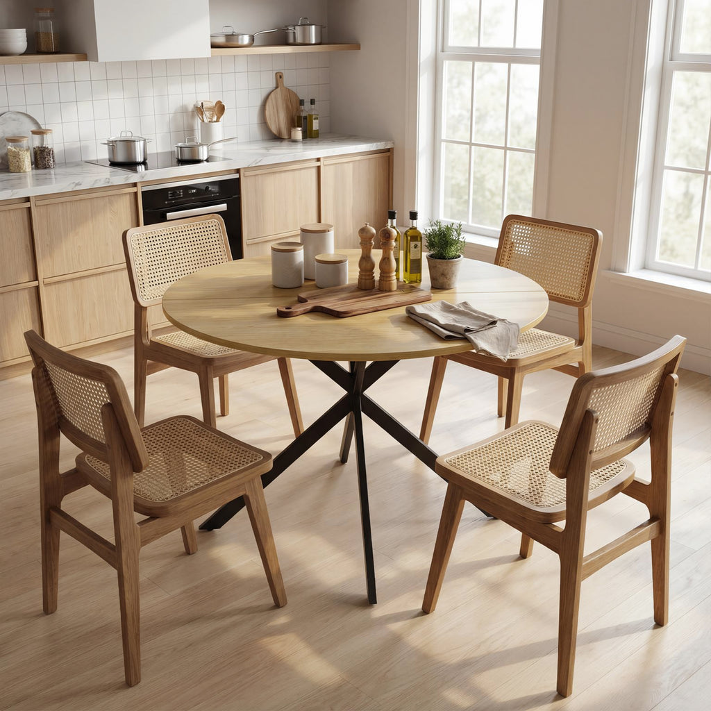 Runder Esstisch für 4 Personen 100 cm, Industrial-Stil mit Holzoptik-Platte, gekreuztes Stahlgestell Eiche
