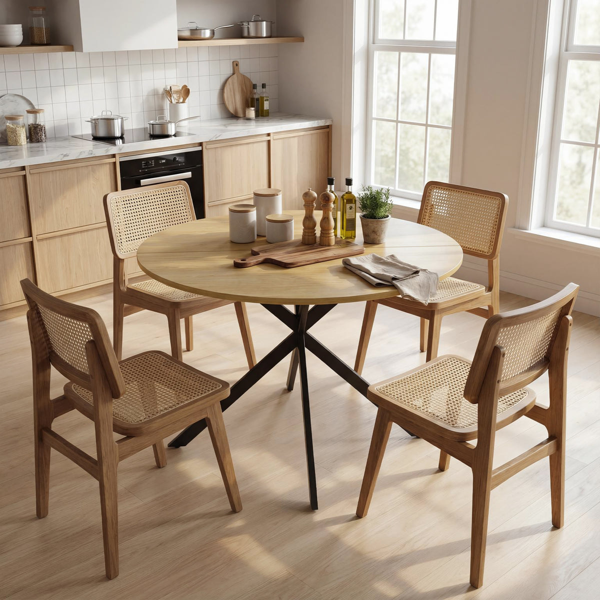 Runder Esstisch für 4 Personen 100 cm, Industrial-Stil mit Holzoptik-Platte, gekreuztes Stahlgestell Eiche