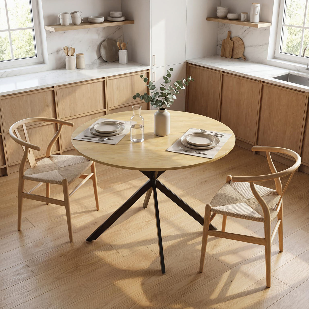 Runder Esstisch für 4 Personen 100 cm, Industrial-Stil mit Holzoptik-Platte, gekreuztes Stahlgestell Eiche
