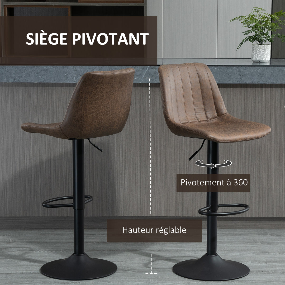 2er-Set Barhocker im Vintage-Stil, höhenverstellbar, drehbar mit Fußstütze, braun