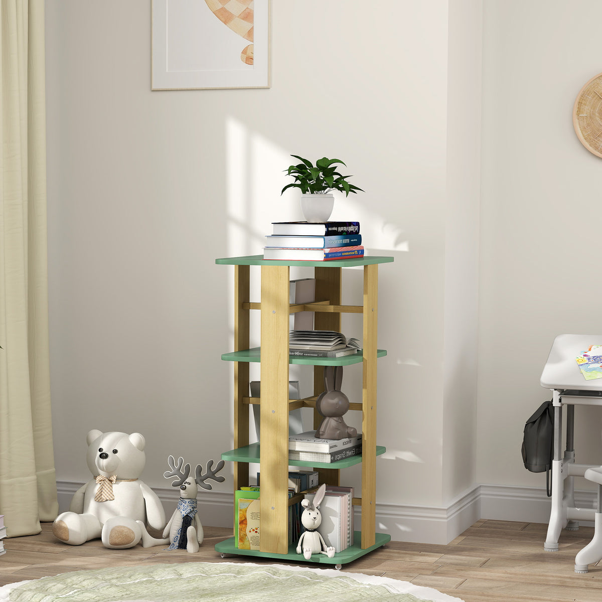 Bibliothèque enfant avec roulettes, rangement livre enfant 3 niveaux pour salle de jeux, chambre d'enfant, vert-8