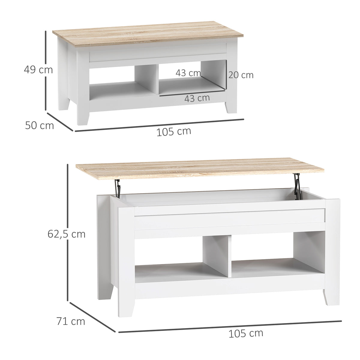 Table basse plateau relevable, table de salon avec étagères et compartiment caché,105 x 50 x 49-62,5 cm blanc