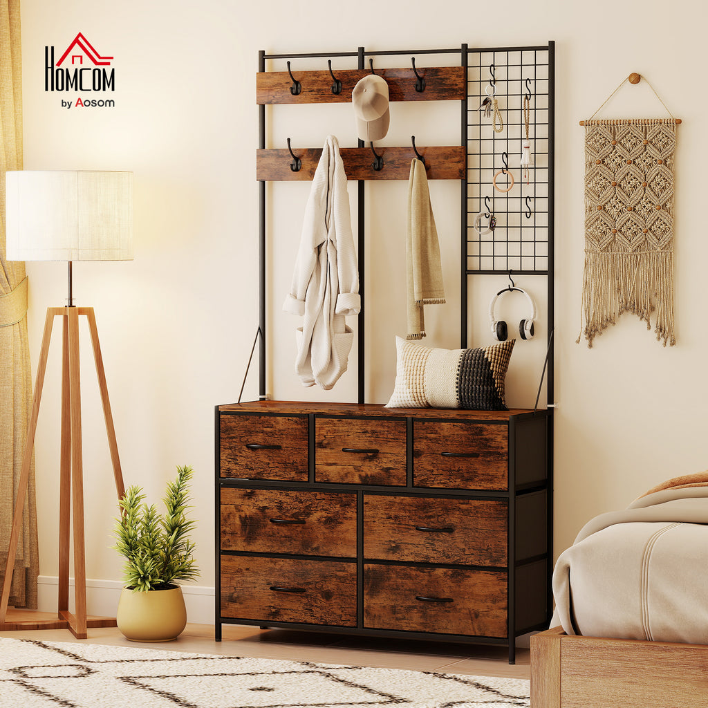 Garderobenständer 4-in-1, Garderobe mit 7 Stoffschubladen und 14 Haken, 100 x 30 x 183 cm, rustikales Braun