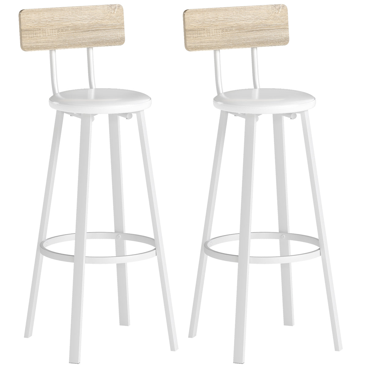 2er-Set Barhocker, Barstühle, gepolsterte Sitzfläche 75,5H cm, Rückenlehne und Fußstütze, Naturholz und Weiß