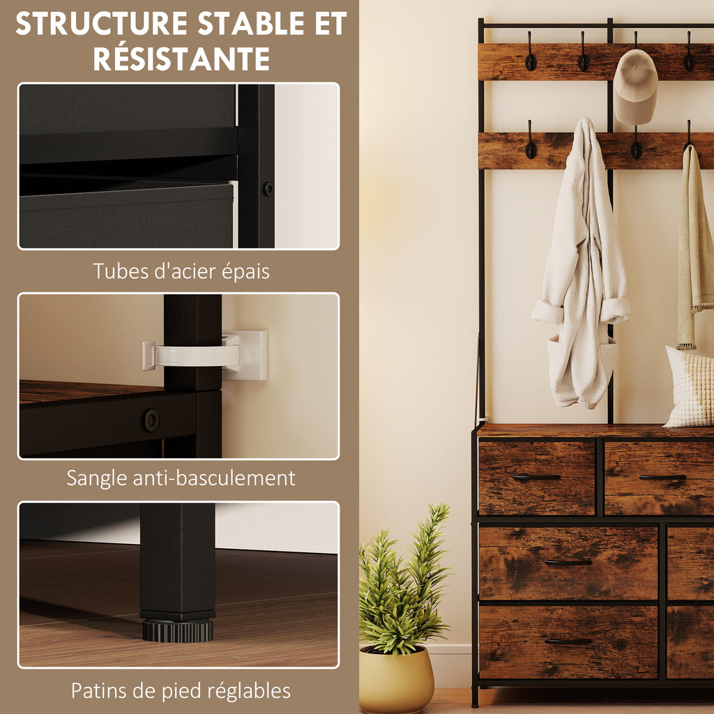 Garderobenständer 4-in-1, Garderobe mit 7 Stoffschubladen und 14 Haken, 100 x 30 x 183 cm, rustikales Braun