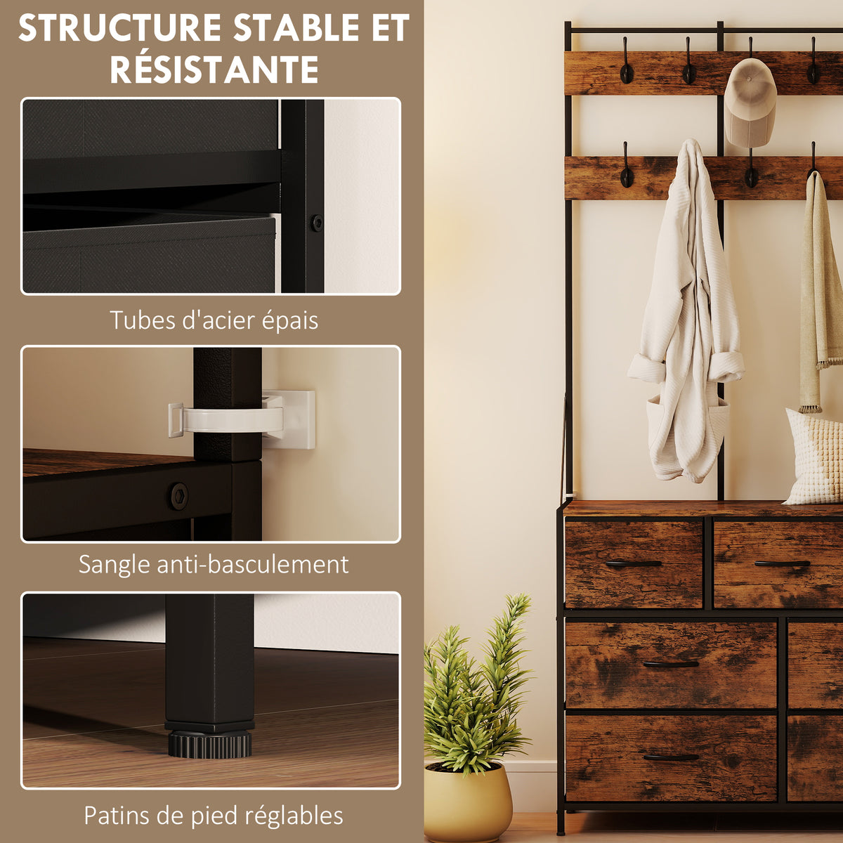 Garderobenständer 4-in-1, Garderobe mit 7 Stoffschubladen und 14 Haken, 100 x 30 x 183 cm, rustikales Braun
