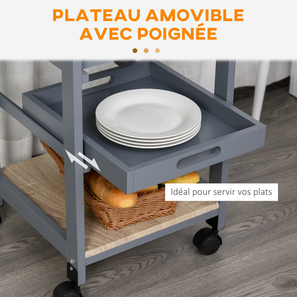 Chariot de service desserte de cuisine à roulettes panier + 2 plateaux amovibles, tiroir, étagère en bois chêne clair