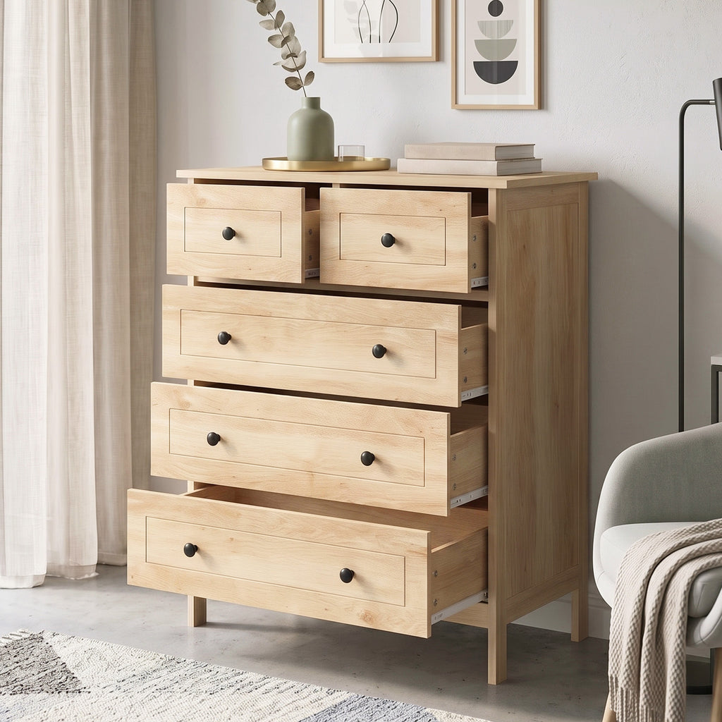 Commode meuble de rangement 5 tiroirs pour chambre, bureau, entrée, chêne et poignée métal noir