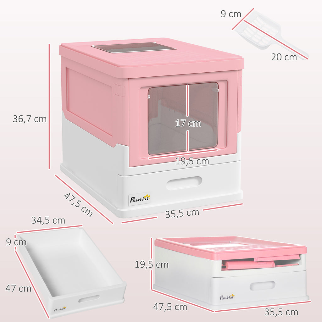 Zusammenklappbare Katzentoilette mit doppelt aufklappbarer Tür und von oben zu öffnender Tür, inklusive Schaufel, 47,5 x 35,5 x 36,7 cm, rosa
