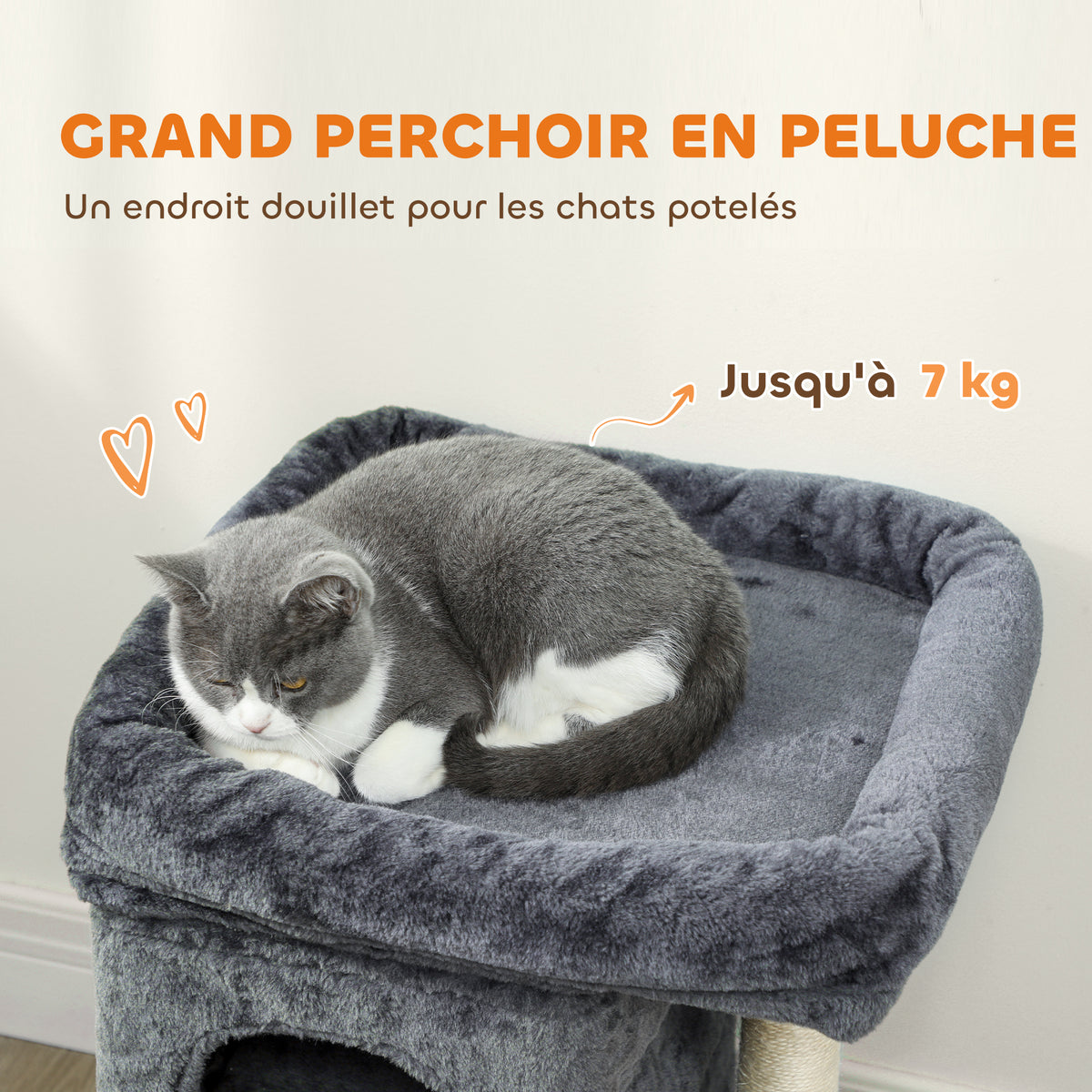 Arbre à chat, tour de jeux pour chat, plateforme, 2 niches et balle griffoirs en sisal, 45 x 40 x 66 cm, gris foncé