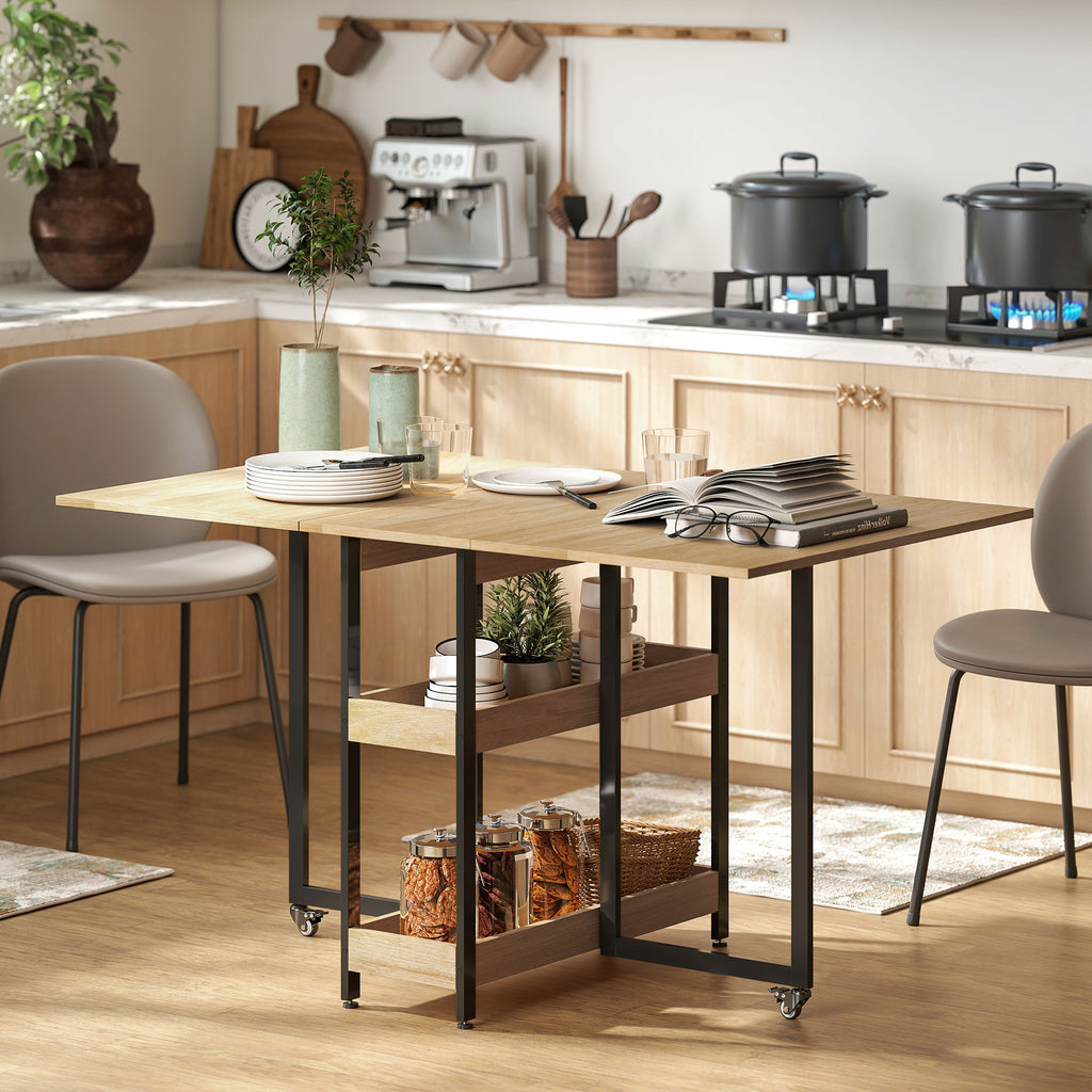 Table à manger pliante sur roulettes 4 personnes avec compartiments ouverts, pour petits espaces, salle à manger, chêne