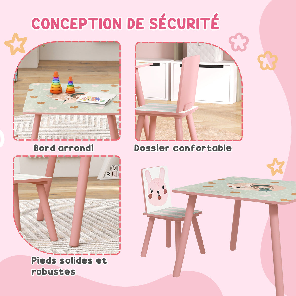 Kinder-Tisch- und Stuhl-Set, Kindertisch mit 2 Stühlen, Tiermotiv für Kinderzimmer, Rosa