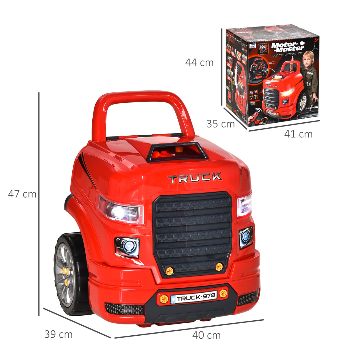 2-in-1 Mechaniker-LKW - DIY Kinder-Spielzeug - Werkbank Kinder - Mechaniker-Rollenspiel - Zahlreiche Zubehörteile insgesamt 61 Stück - Sound- und Lichteffekte - PP ABS Rot