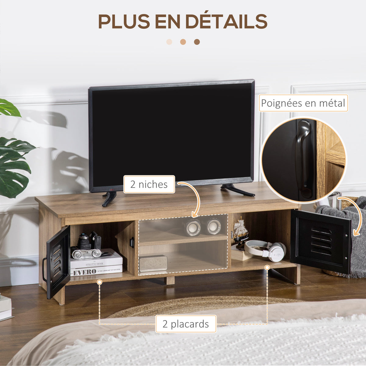 Meuble TV Banc TV 110 cm Design Industriel, avec 2 placards, 2 niches, 2 Passe-Fils, Aspect Bois veinage Portes métal Noir-6