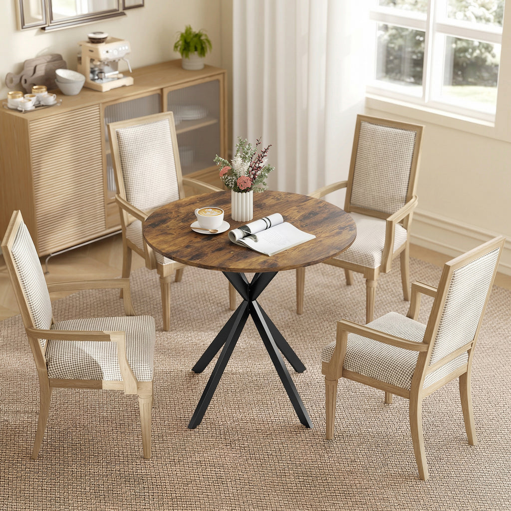 Table à Manger Ronde pour 2 Personnes avec Plateau Aspect Bois et Piètement Croisé en Acier, Brun Rustique