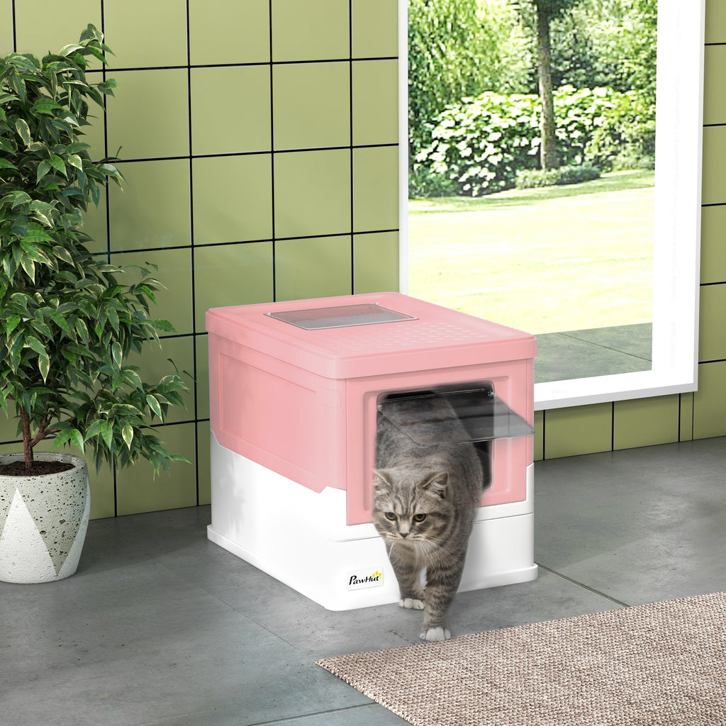 Zusammenklappbare Katzentoilette mit doppelt aufklappbarer Tür und von oben zu öffnender Tür, inklusive Schaufel, 47,5 x 35,5 x 36,7 cm, rosa