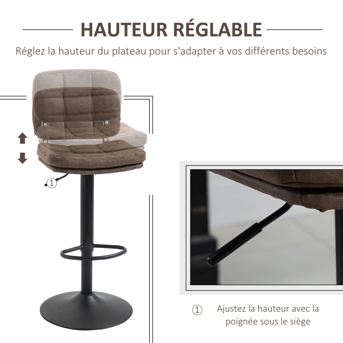 Lot de 2 tabourets de bar Vintage capitonné - pivotant, réglable - repose-pied - revêtement synthétique marron