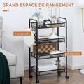 Chariot de rangement à 4 niveaux, desserte à roulettes avec paniers amovibles et 4 crochets, cadre en acier, chariot de cuisine, salle de bain, salon, espace étroit, 45 x 26,5 x 84 cm, noir