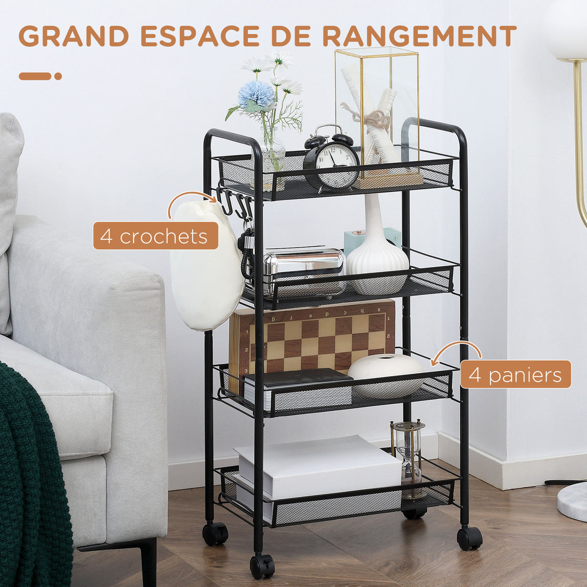 Chariot de rangement à 4 niveaux, desserte à roulettes avec paniers amovibles et 4 crochets, cadre en acier, chariot de cuisine, salle de bain, salon, espace étroit, 45 x 26,5 x 84 cm, noir