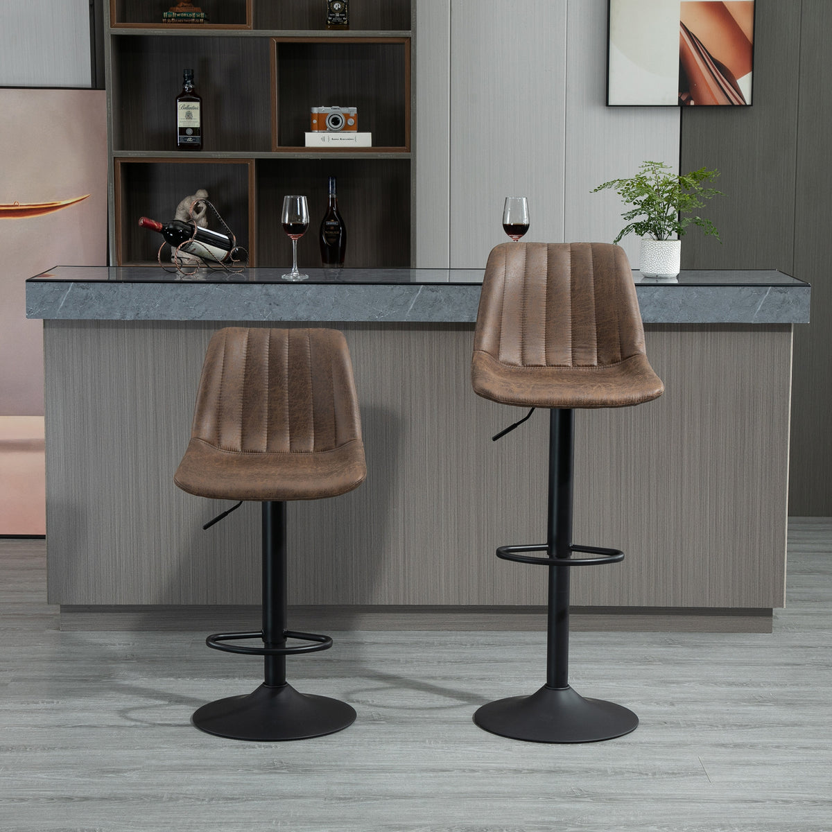 2er-Set Barhocker im Vintage-Stil, höhenverstellbar, drehbar mit Fußstütze, braun