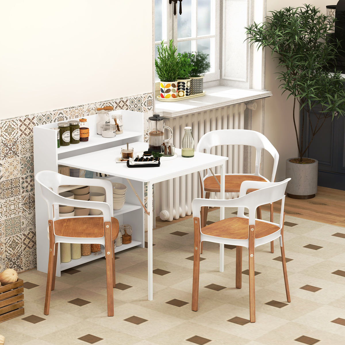 Klappbarer Esstisch, Küchentisch für 3 Personen, mit Klappplatte und 4 Ablagen, 78,5x91x93cm, Weiß