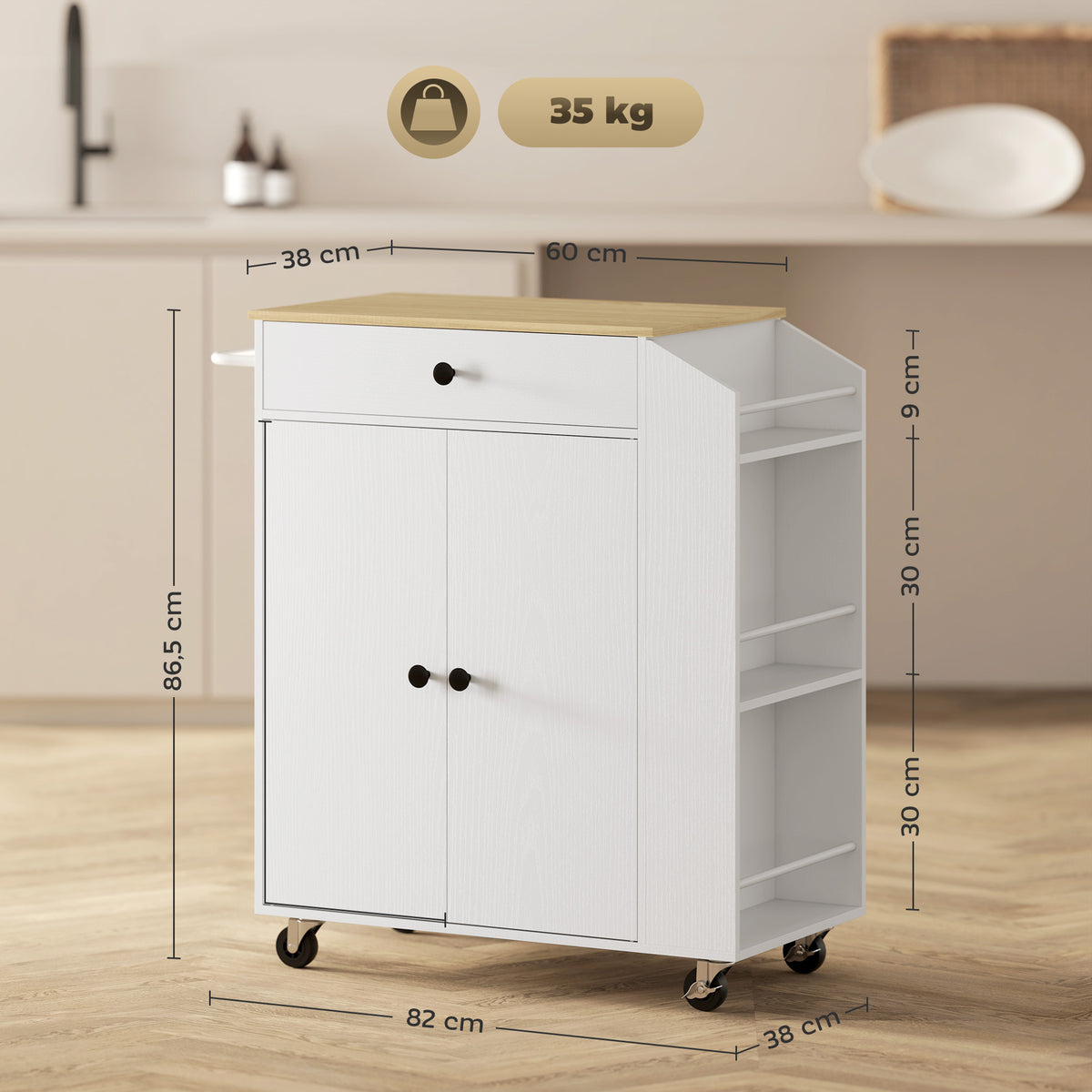 Mobile Kücheninsel Servierwagen mit Schublade, verstellbarem Regal, zweitürigem Schrank, 82 x 38 x 86,5 cm, weiß